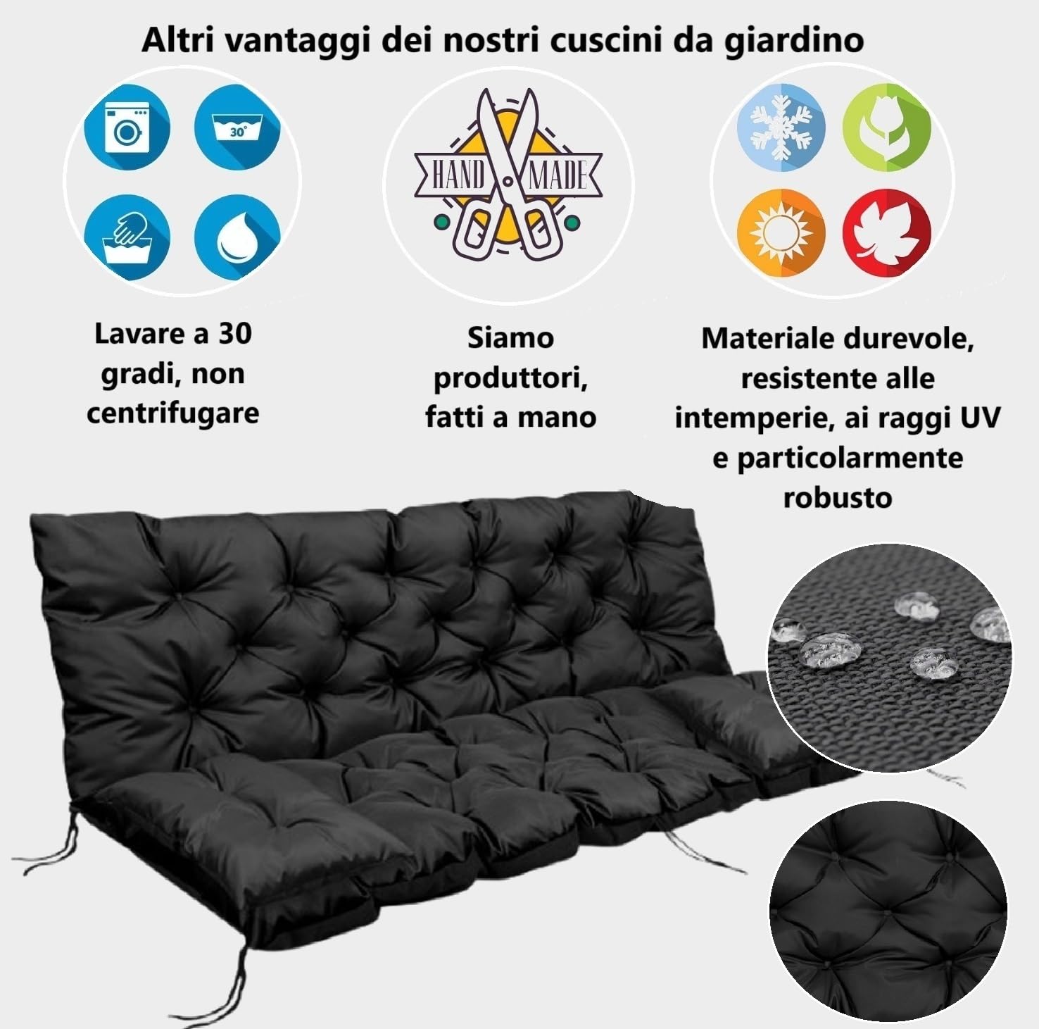 Cuscino 120x60x50 cm trapuntato impermeabile per panca o altalena + 2 piccoli cuscini