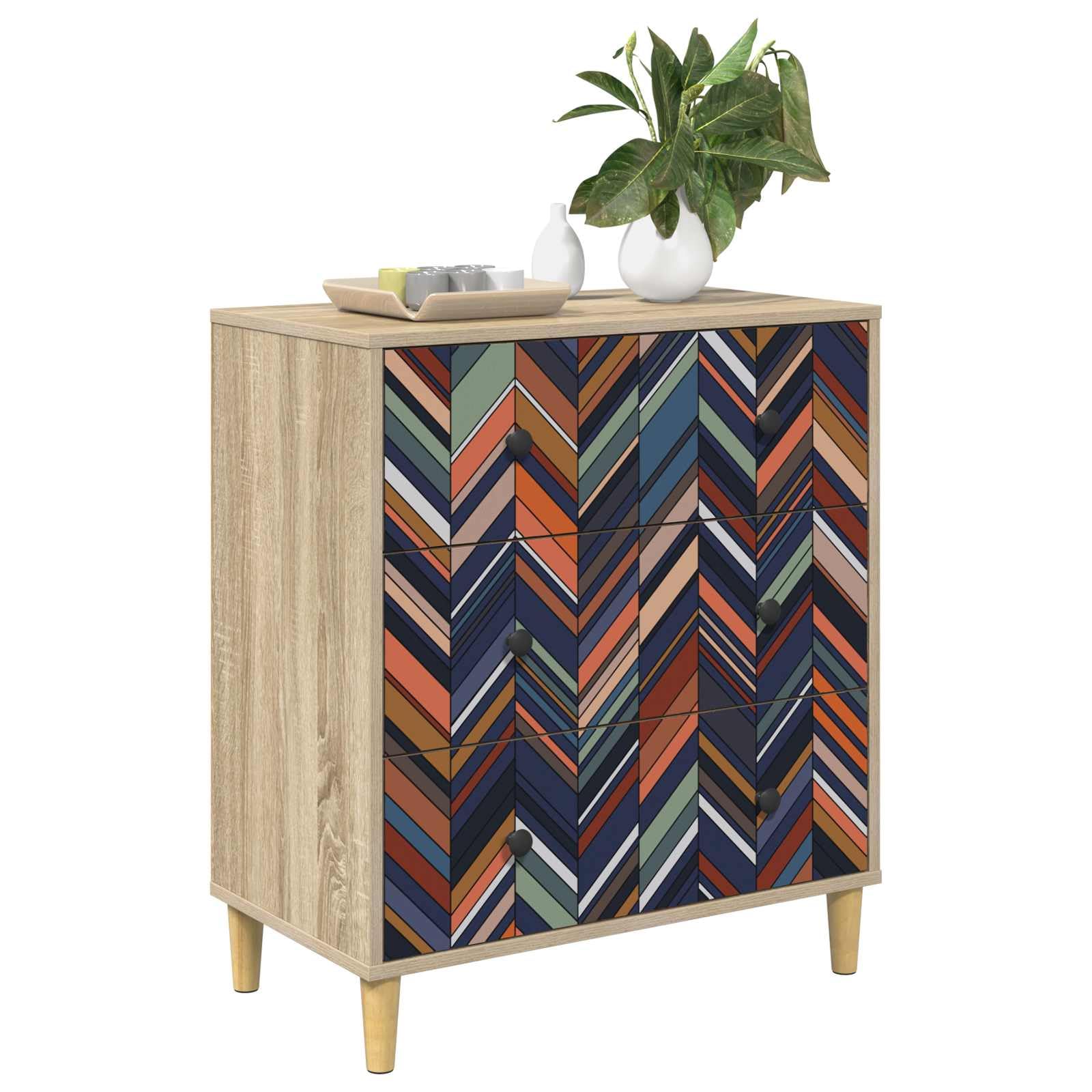 vidaXL Cassettiera OMMEN con stampa geometrica, 66 x 36,5 x 75 cm, Sonoma, cassettiera moderna, design rettangolare per riporre oggetti in camera da letto e soggiorno, legno ingegnerizzato, base