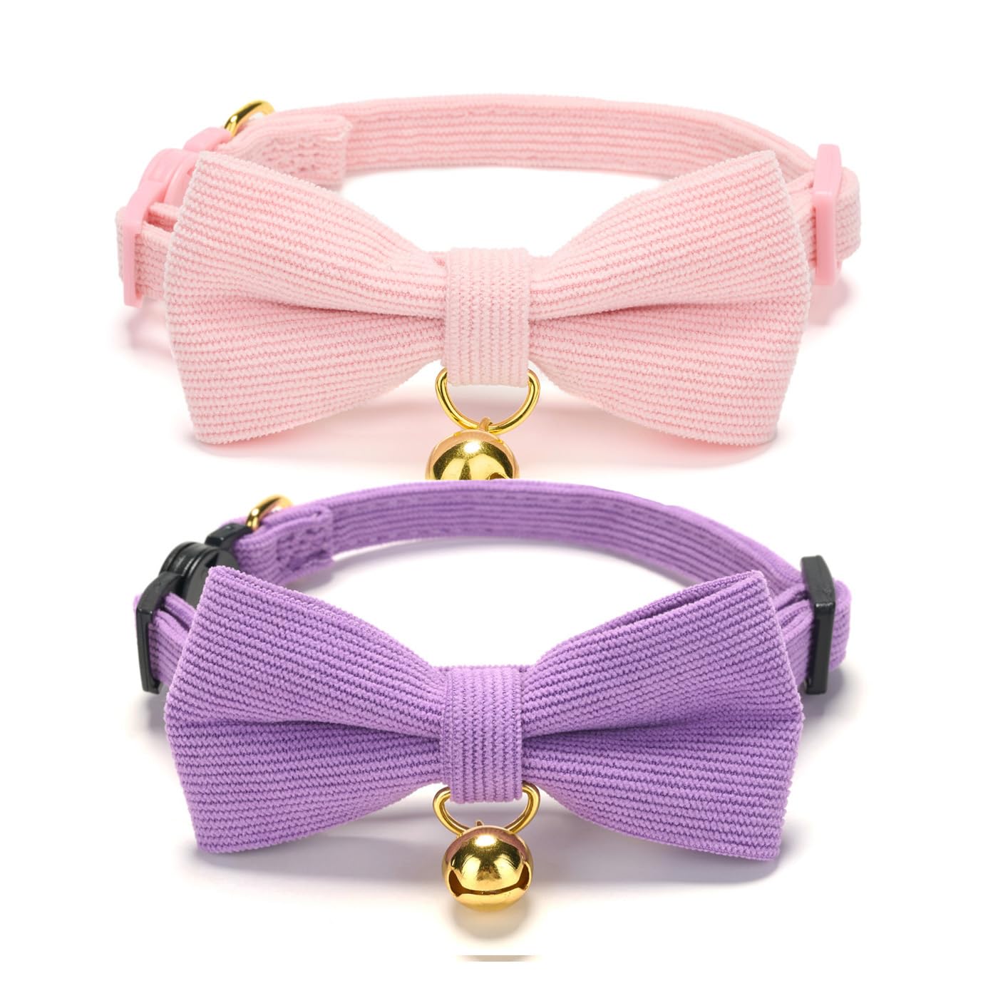 Paquete de 2 collares de pana suave para gatos con pajarita y campana, collar ajustable de algodón para gatito hembra (rosa y morado)