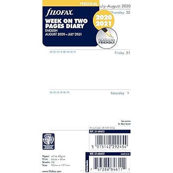 Filofax 21 Agenda Settimanale Su Due Pagine In Inglese Agosto 21 Luglio Amazon It Cancelleria E Prodotti Per Ufficio