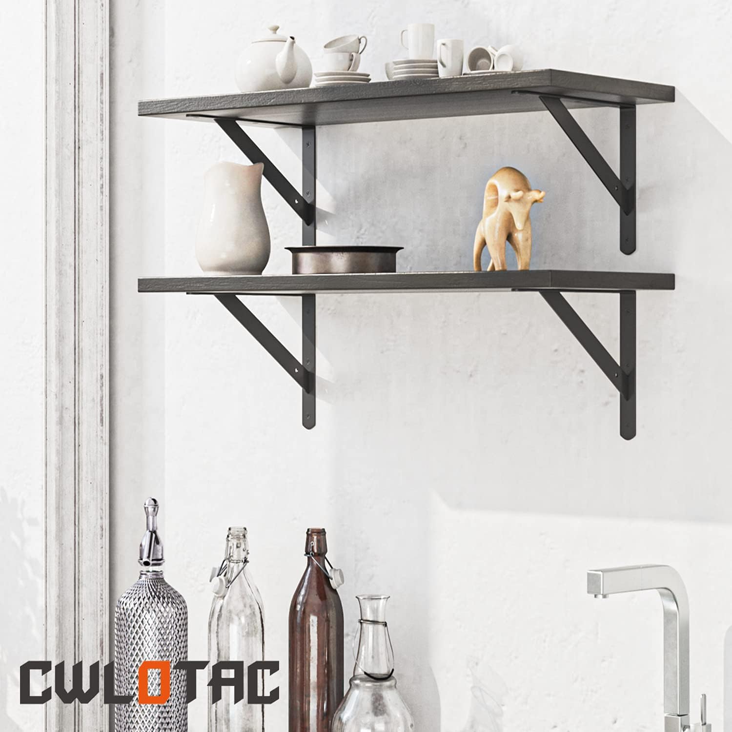 CWLOTAC Heavy Duty Shelf Bracket 6 Pack - 11.8 x 7.5 Inch Shelf Metal Wall Mount L Brackets - 90 Degree Triangle Corner Brackets with Gusset - Space Saving DIY Bracket for Home Decoration