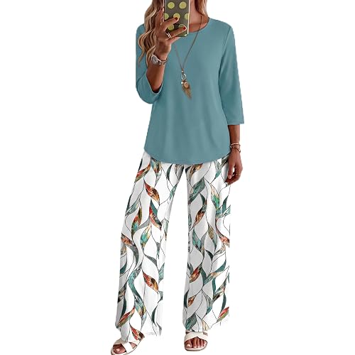 WIHOLL Two Piece Sets for Women Lounge 3/4 Length Sleeve Womens Tops Graphic Pants with Pockets Summer Outfits 2026