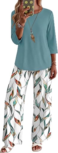 WIHOLL Two Piece Sets for Women Lounge 3/4 Length Sleeve Womens Tops Graphic Pants with Pockets Summer Outfits 2026