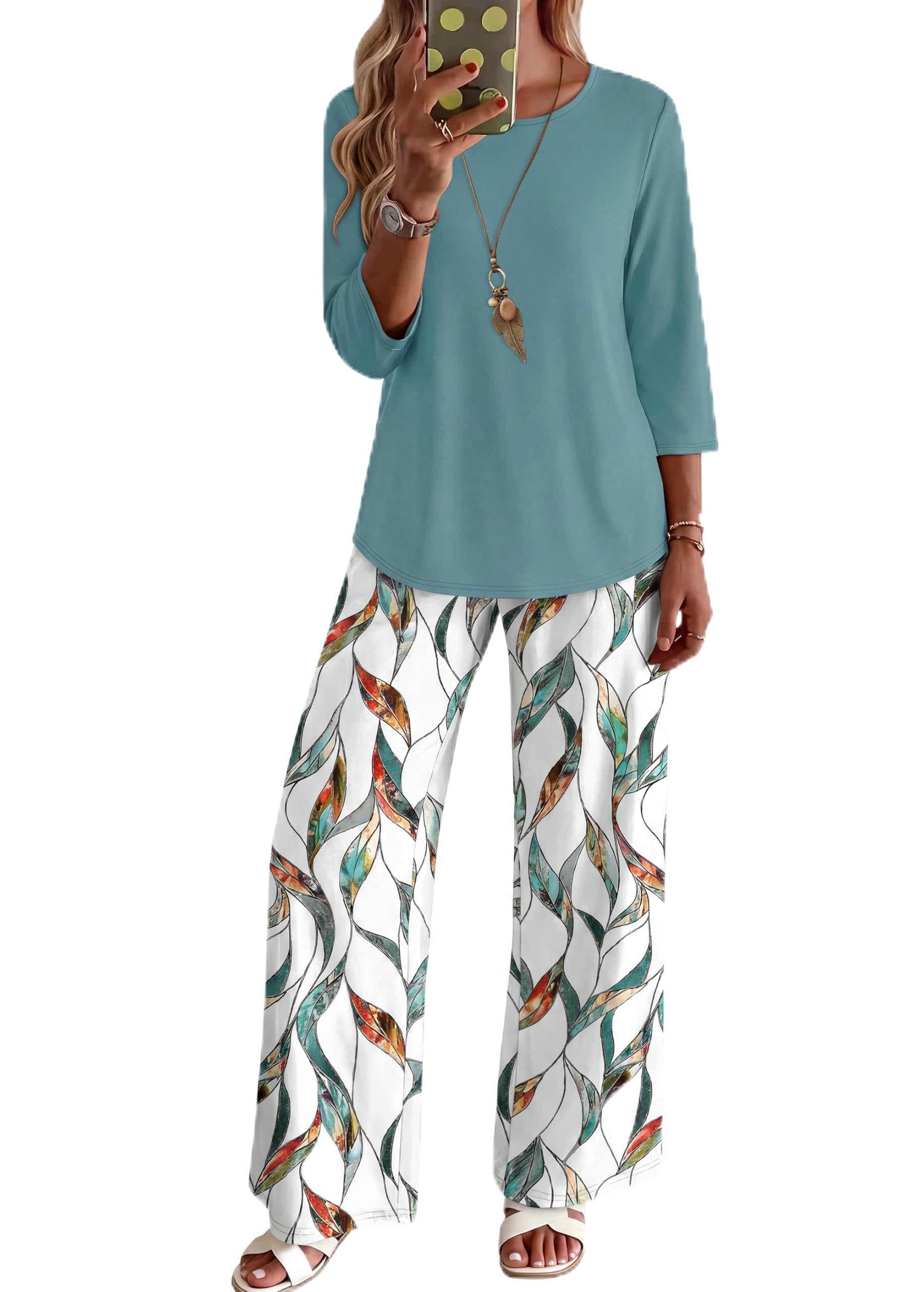 WIHOLL Two Piece Sets for Women Lounge 3/4 Length Sleeve Womens Tops Graphic Pants with Pockets Summer Outfits 2026
