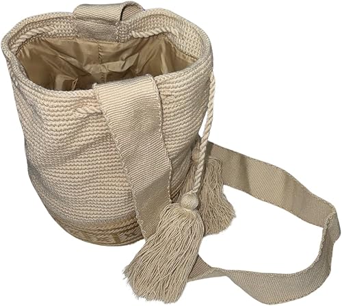 Miniatura 2 de Colombian Mochila Authentic WAYUU Finest Handmade Cross Body Fringe Straw Bag Medium BeigeGold New
