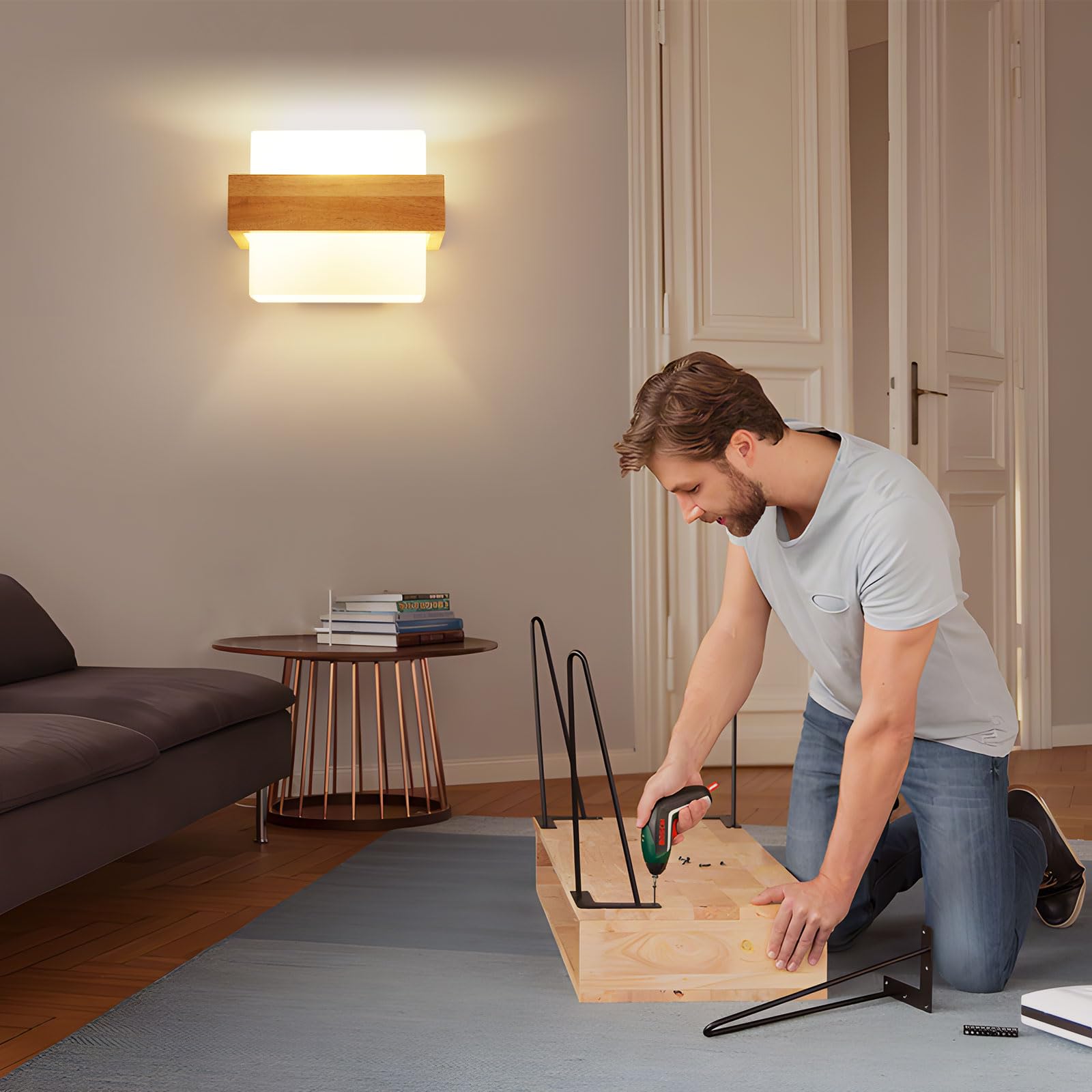 Toolight Applique Murale 12W Dimmable Bois Verre E27 Salon Chambre