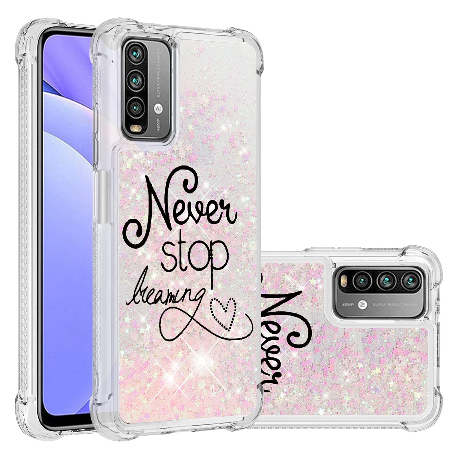 Compatible with Xiaomi Poco M3 Case Bling Glitter Case Soft TPU Floating Clear Liquid Hearts Quicksand Shiny Flowing Shockproof Cover for Xiaomi Redmi 9 Power YB-LS Never Stop