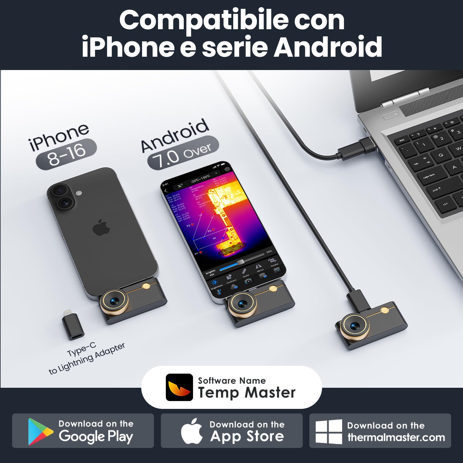 Fotocamere Termiche Thermal Master P3 per iPhone 15/16 e Android fotocamera a infrarossi Messa a fuoco regolabile X³ risoluzione IR 512x384, -20℃-600℃ PCB ispezione