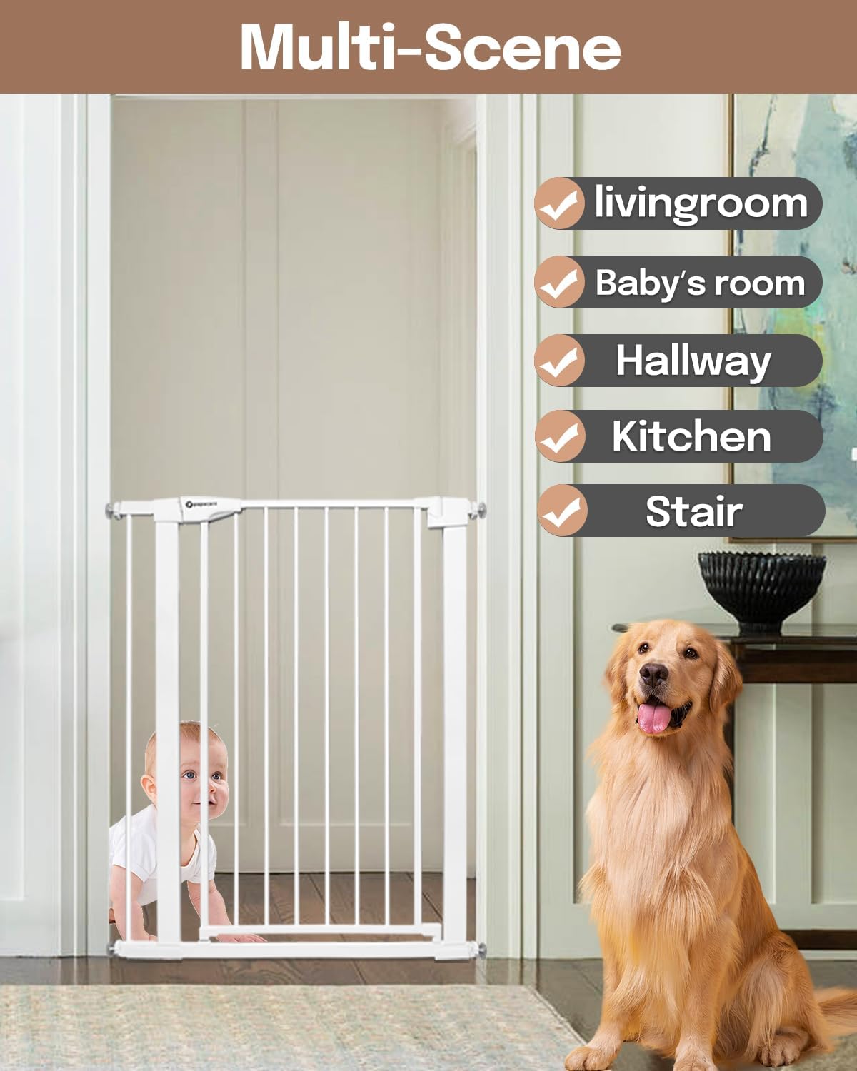 42" Extra Tall Baby Gate for Stairs and Doorways, Fits Openings 29.5"-40.5" Wide, Auto-Close, Pressure-Mounted Pet and Dog Gates, Secure Your Home While Keeping Your Little Ones Safe，White