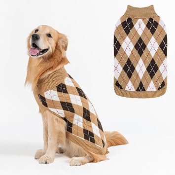 PAWCHIE Dog Sweater for Large Dogs, Classic Knit Turtleneck Cold Weather Dog Sweaters, Soft Plaid Pullover Knitwear Stretchy Pet Winter Warm Clothes, Holiday Pet Coat for Girls Boys, Beige L