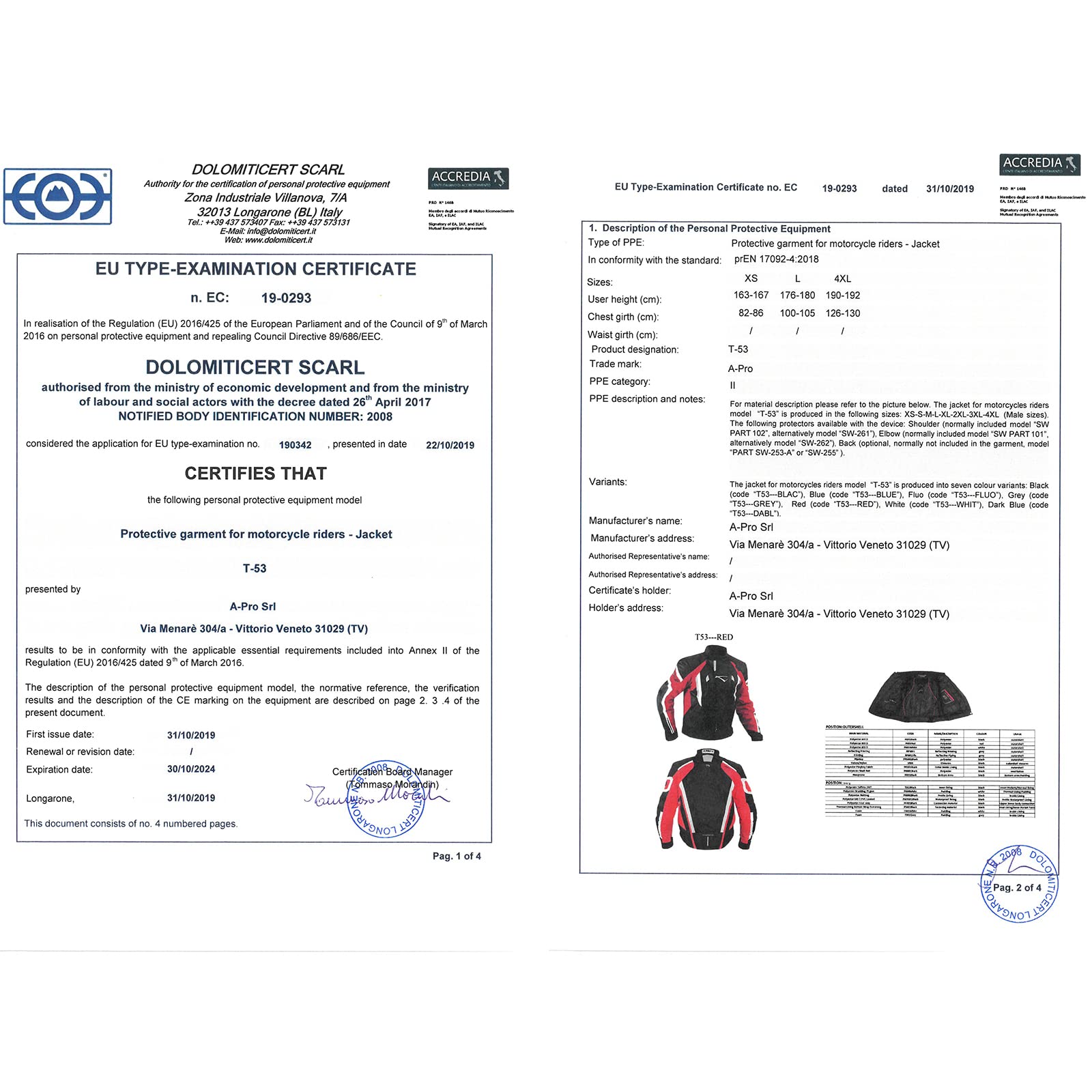 A-pro Tissu Blouson Etanche Respirant Thermique Hivernal Protections CE Homologuées