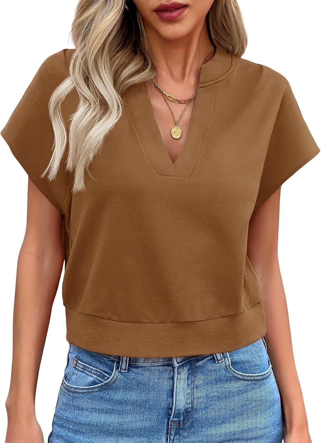 Fisoew Womens Cropped Tops Summer V Neck Cap Sleeve Casual Loose Fit T Shirts