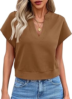 Womens Cropped Tops Summer V Neck Cap Sleeve Casual Loose Fit T Shirts
