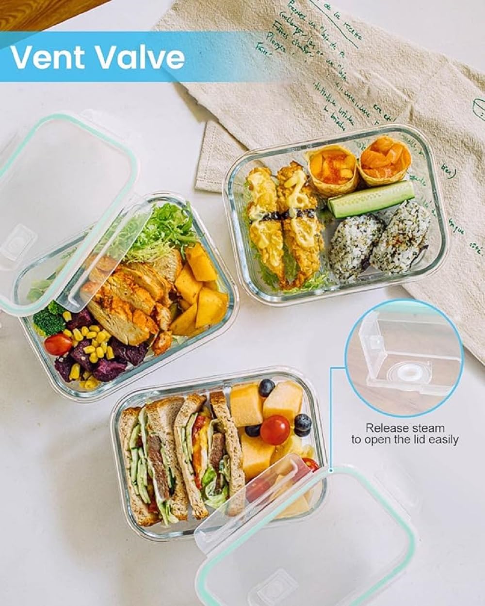 FINSTER Glass Premium Lunch Food Storage Containers with Air Vent Lid, 1000ml, Set of 2, Transparent, Healthy Office 2 Compartment Meal Box for Man & Women, Microwave, Oven, Dishwasher & Freezer Safe - Image 2 thumbnail