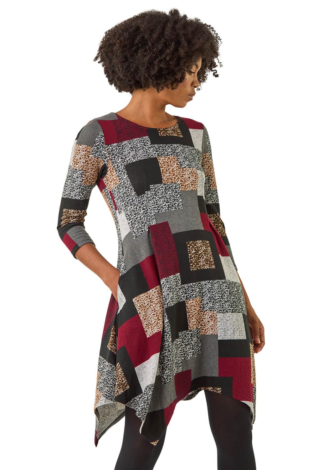 Roman Originals Patchwork Pocket Detail Stretch Dress for Women UK - Ladies Everyday Autumn Winter Round Neckline Comfy Soft Evening Vacation Work Party Night Out - Red Grey - Size 18