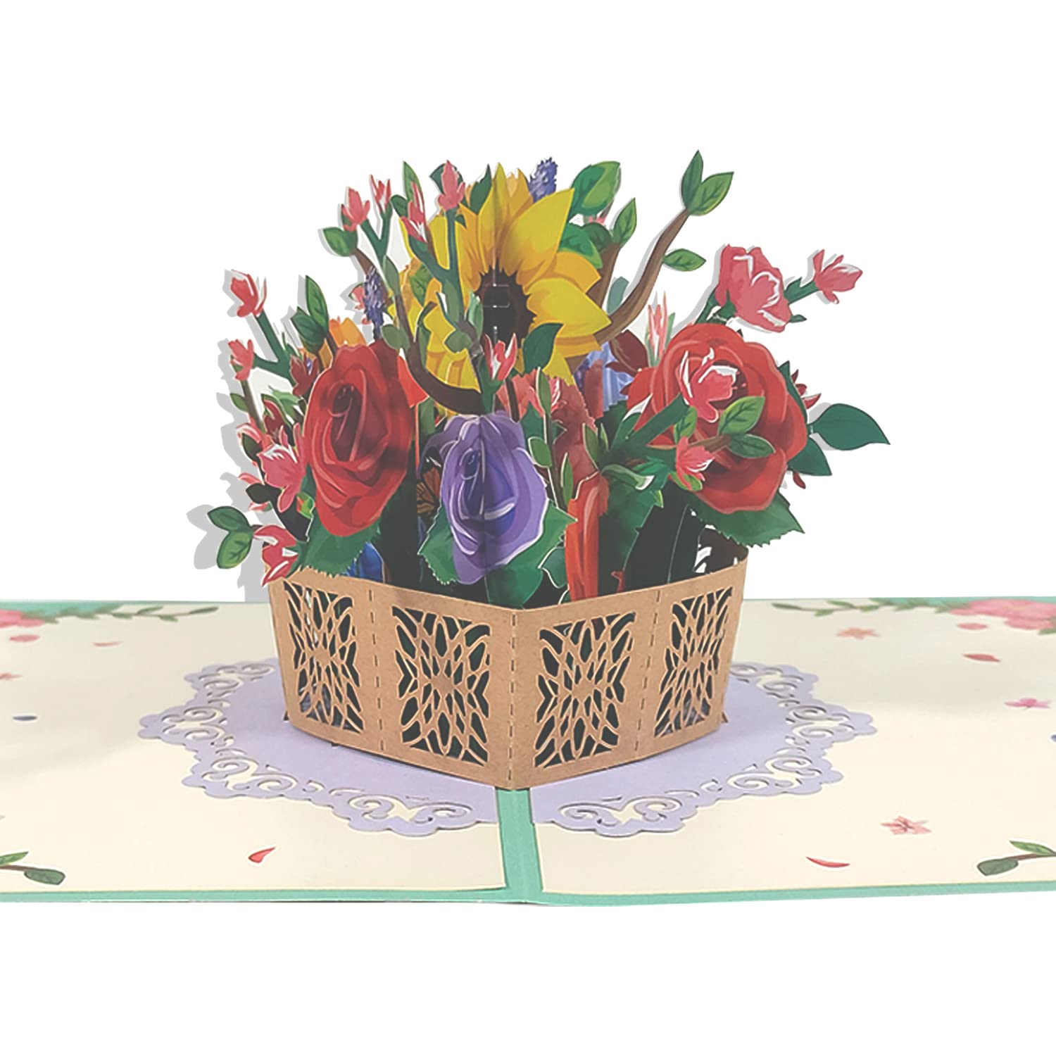 Carte Fleur Pop-Up - Panier De Fleurs Coloré - Carte Cadeau 3D Pour
