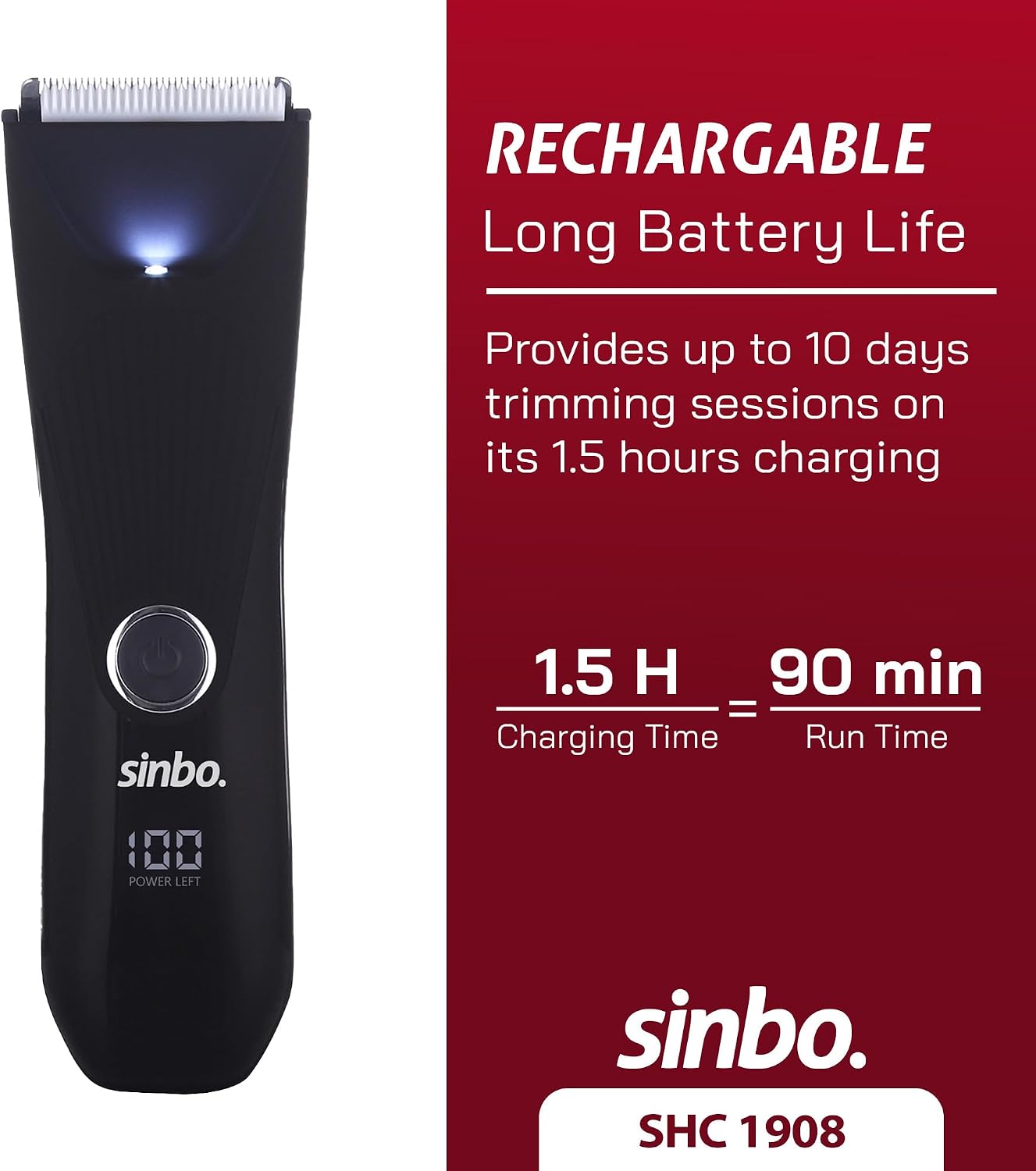 Sinbo SHC-1908 Trimmer on charging stand with USB cable, showing 1.5 hours charging time for 90 minutes run time.