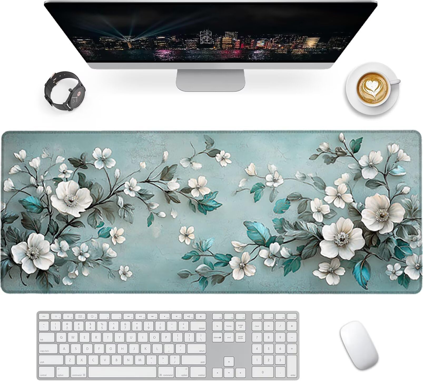 Lpfieonn Blume Großes Schreibtischunterlage, XXL Schreibtischunterlagen, Blau XXL Wasserdicht Gaming Mousepad mit Vernähter Rand und Rutschfeste Gummibasis, für Laptop/Hause/Büro 120x60cm PF-2693