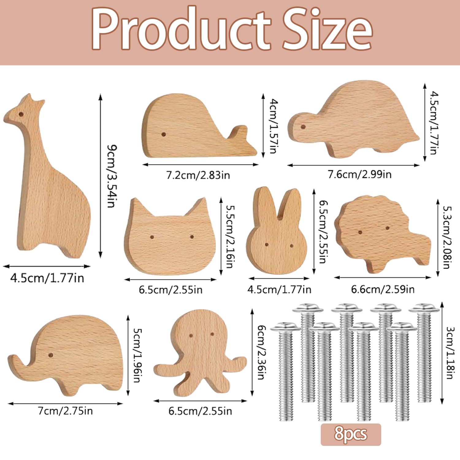 Boutons en bois pour armoire, Lot de 8 Poignées de Meuble en Bois Animals, Poignées animales pour meubles d'enfant, Boutons de meubles en bois, Bouton Meuble Enfant, Convient pour maison cuisine