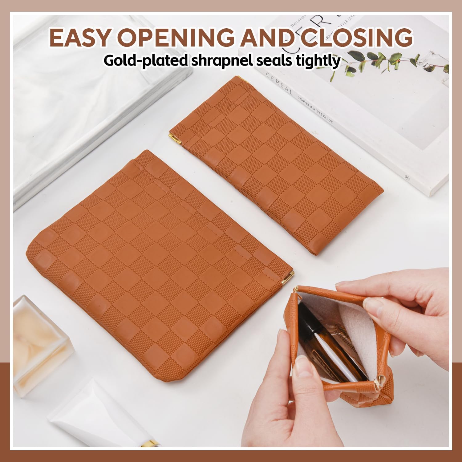 3PCS Small Makeup Bag for Purse，Waterproof Leather Portable Mini Makeup Bag,Snap Closure Organizer Pouch for Coin Cards Jewelry Lipstick Cosmetic Accessories，Small Travel Kit Storage Pouch image 5