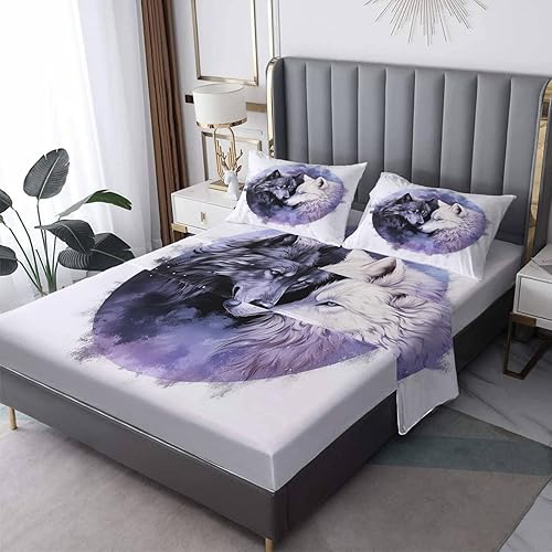 Miniatura 1 de Sábanas de lobo negro tamaño Queen, sábanas de lobos blancos, sábanas y fundas de almohada estampadas de 4 piezas, sábana bajera ajustable de