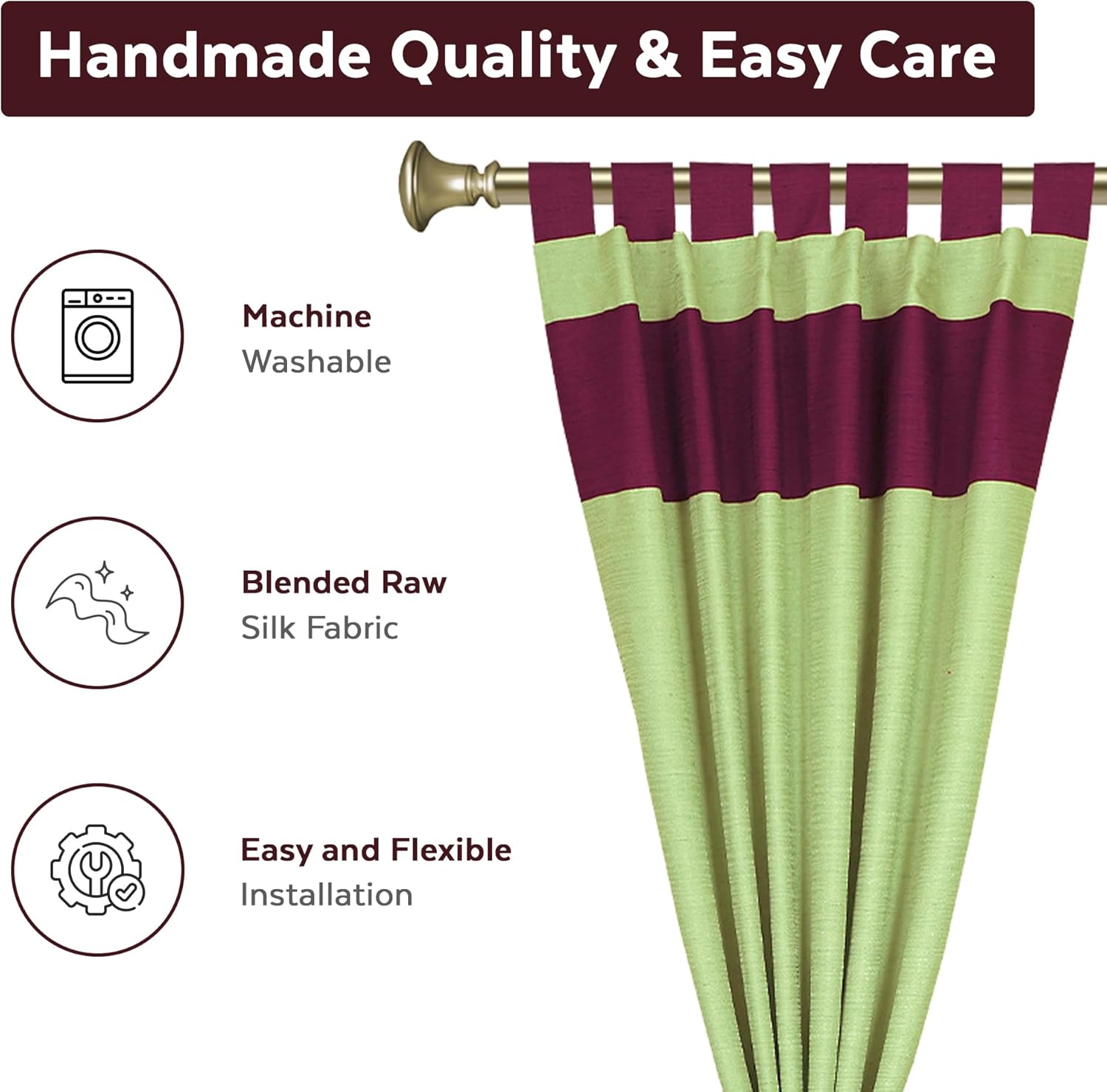 Elegant 4-Piece Silk Curtain & Cushion Set - Two-Tone Green Maroon, Tab Top Header style, Machine Washable, 43"W x 96"L Panels. Handcrafted Blended Raw Silk for Living & Dining Rooms