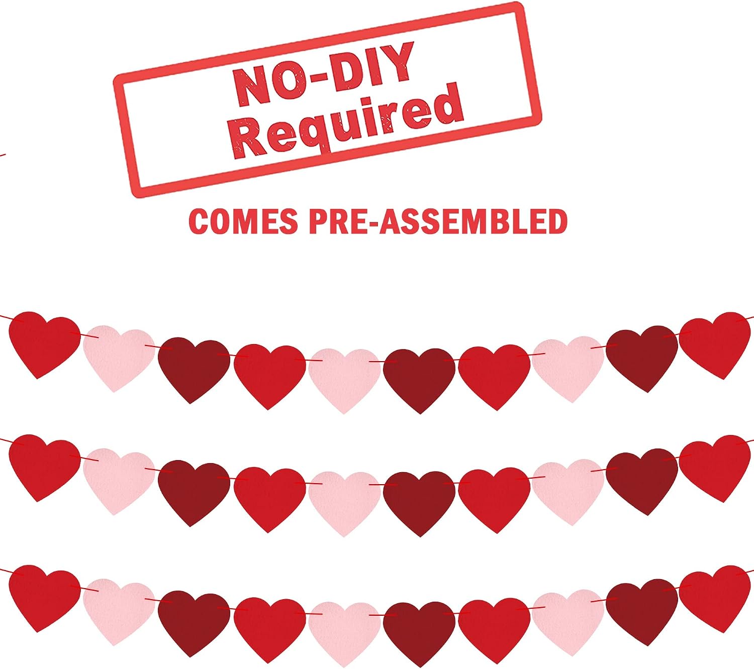 KatchOn Felt Heart Garland for Valentines Decorations - Pack of 30, Red, Rose, Light Pink Heart Banner