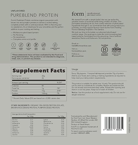 Miniatura 6 de Form Pureblend Protein - Proteína vegana en polvo  Perfil completo de aminoácidos  Sin sabor y sin azúcar  Perfecto para tus batidos, cocinar y