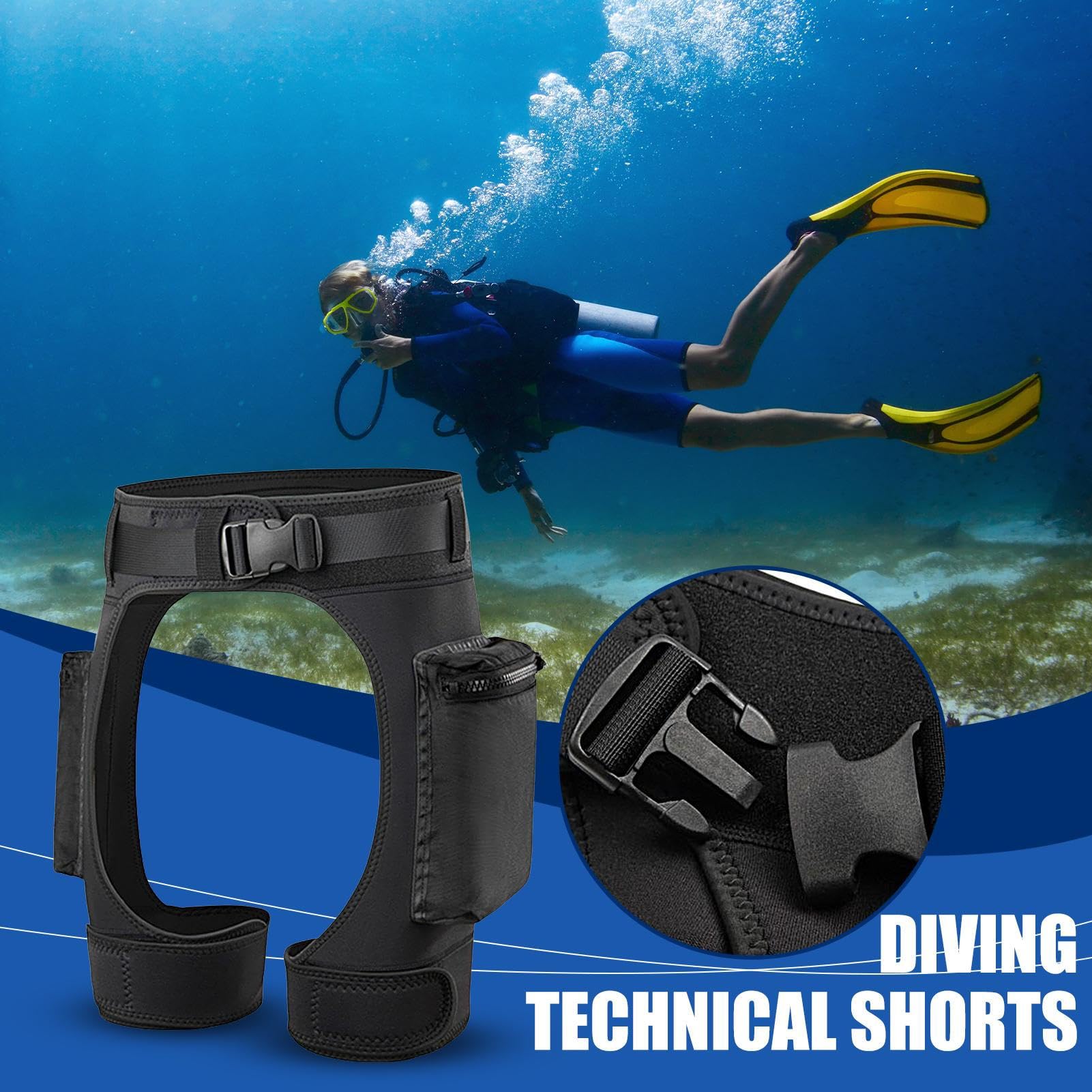 Short de plongée court en néoprène avec boucle à libération rapide et poches pour plongée, surf, natation et kayak