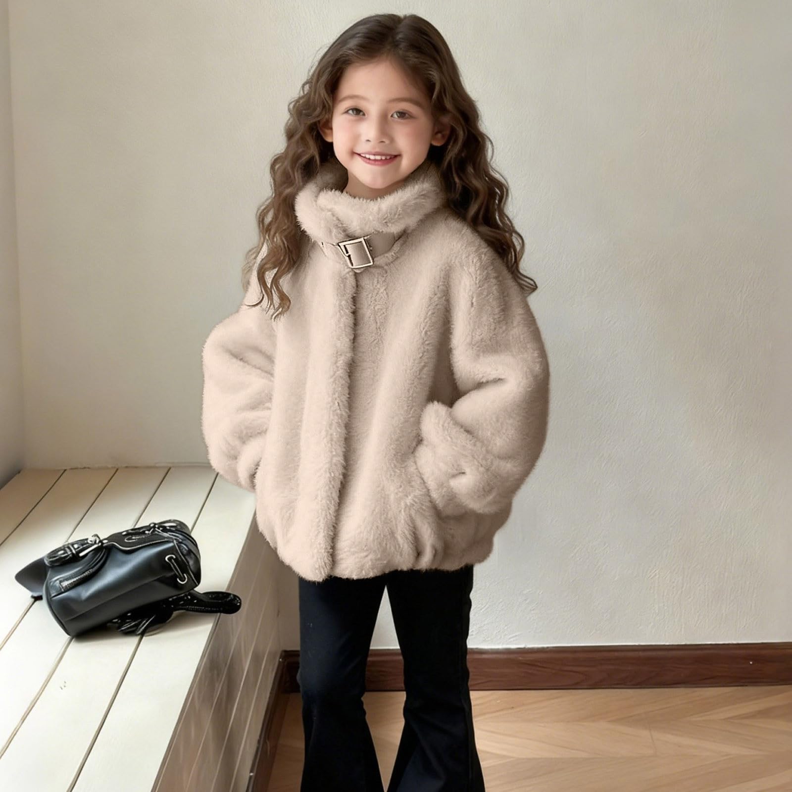 Chaqueta de lana con cuello vuelto para niñas, abrigo grueso con botones para invierno, cálido, térmico, mullido, sherpa, resistente al viento, para la escuela, al aire libre, casual, para