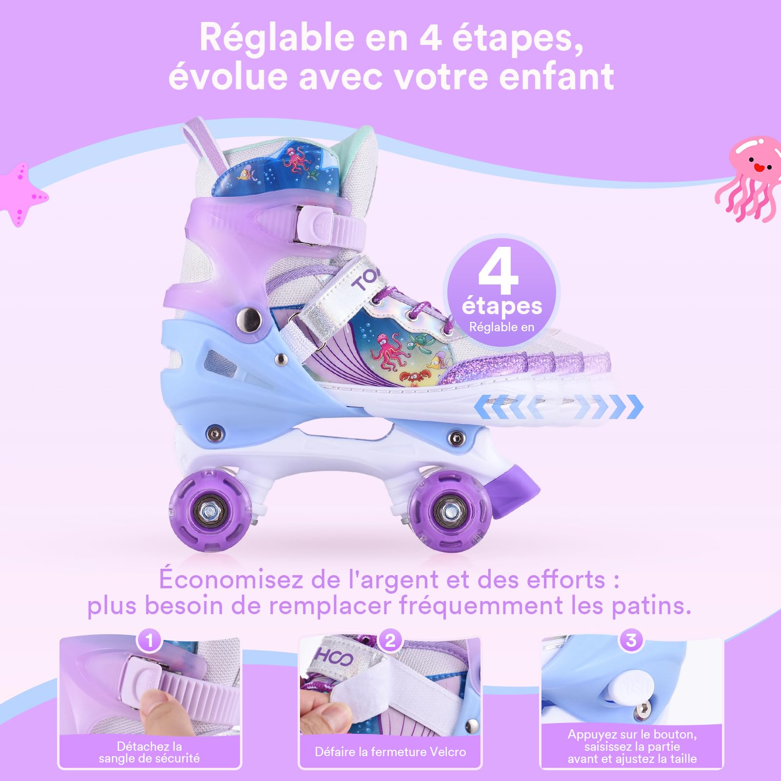 TOMSHOO Roller Enfant Fille, Patins à roulettes Fille avec LED Lumineuse Roues, 4 Taille Réglable, Rollers Quad pour Enfants, Adolescents, débutants Débutants Cadeau Anniversaire