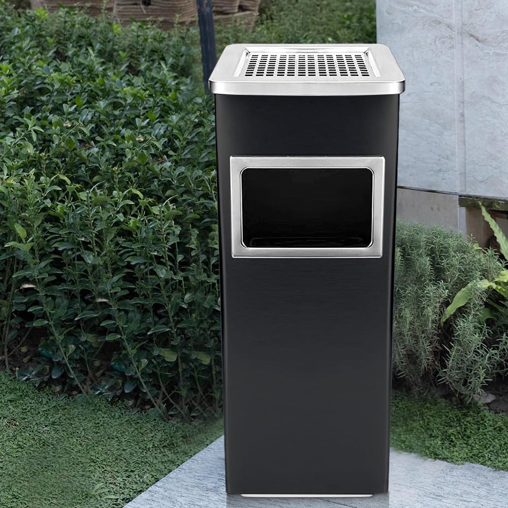 OHMG Bacs à déchets de jardin 35L,Cendrier amovible sur pied en acier inoxydable,Bacs à ordures extérieurs avec poubelle et seau intérieur,pour Intérieur/Extérieur (24 * 24 * 60cm(Noir-2P))