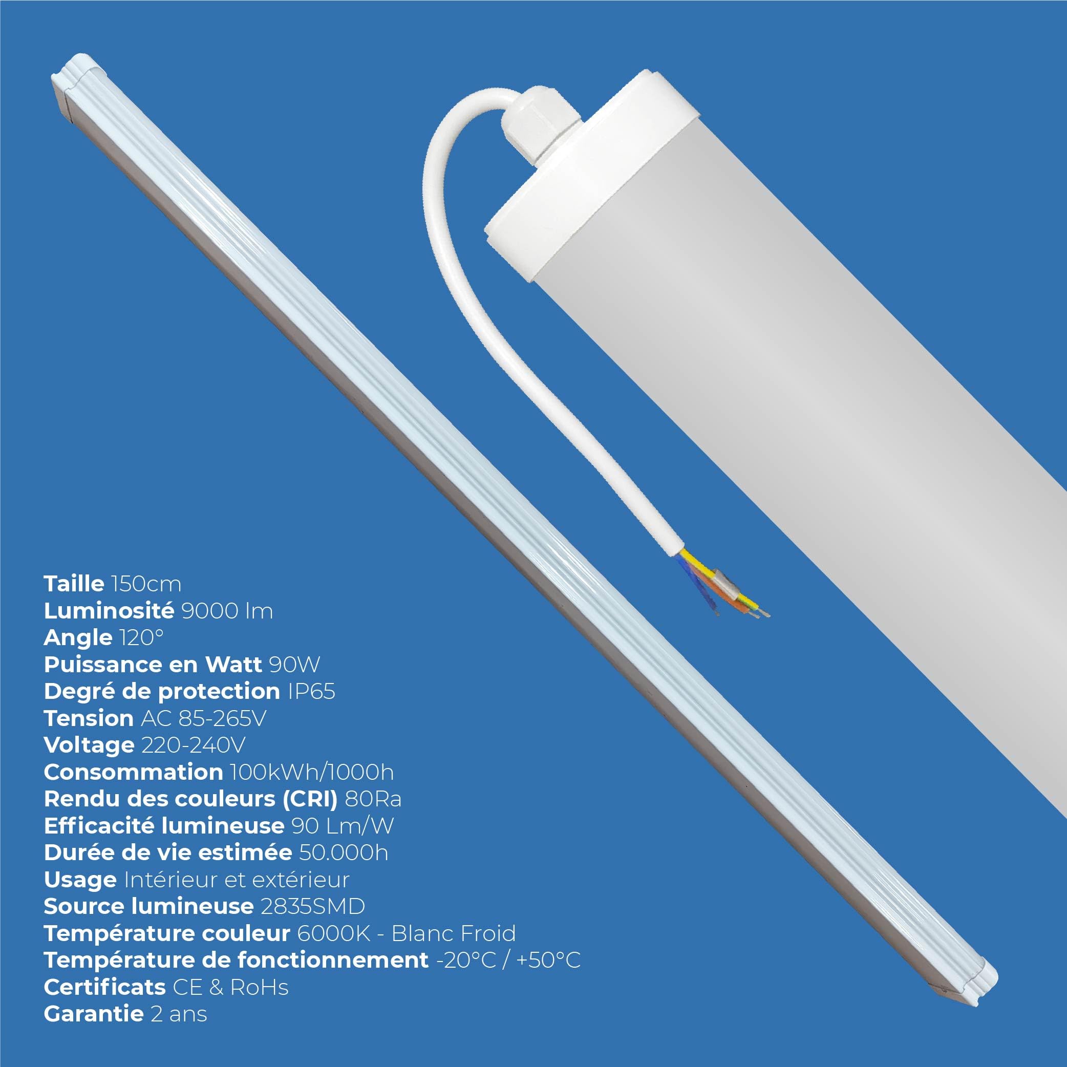 Europalamp - 5 LED-Unterbauleuchte, 150 cm, IP65, wasserdicht, 90 W, 9000 Lumen, 6000 K, kalt, für Keller, Garage und Lager, wasserdichte LED-Lampe