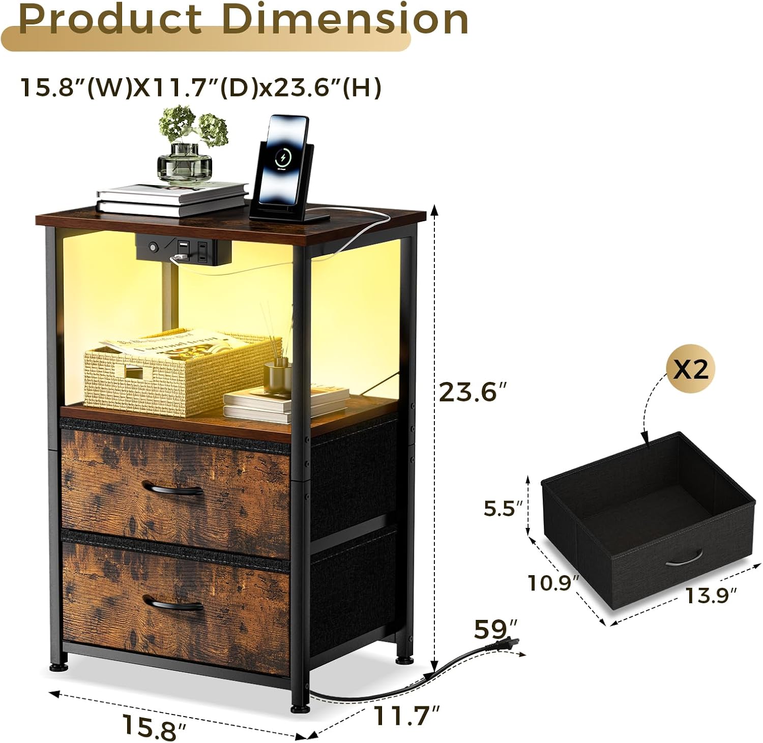 Nightstand with Charging Station and LED Lights, Small Night Stand for Bedroom with Fabric Drawer and Storage Shelf, End Table with Waterproof Top, Easy Assembly, Vintage