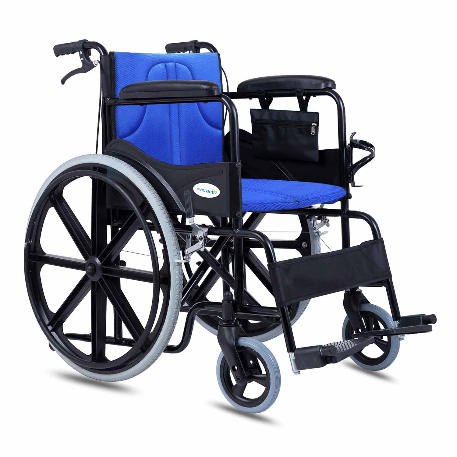 Everactiv Everyday Premium Foldable Wheelchair with Foam Cushion for Adults | 6 Wheels, Safety & Attendant Brakes, Side Pouch & Bottle Holder | Lightweight, Portable, Compact Chair for Elderly | Blue Color discount deal