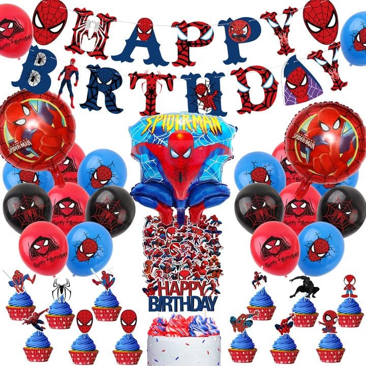 Spiderman Party Decorations Favors Birthday– Spiderman Happy Birthday Banner, Foil Latex Balloons, Cupcake Toppers, Stickers - Superhero Birthday Party Supplies…