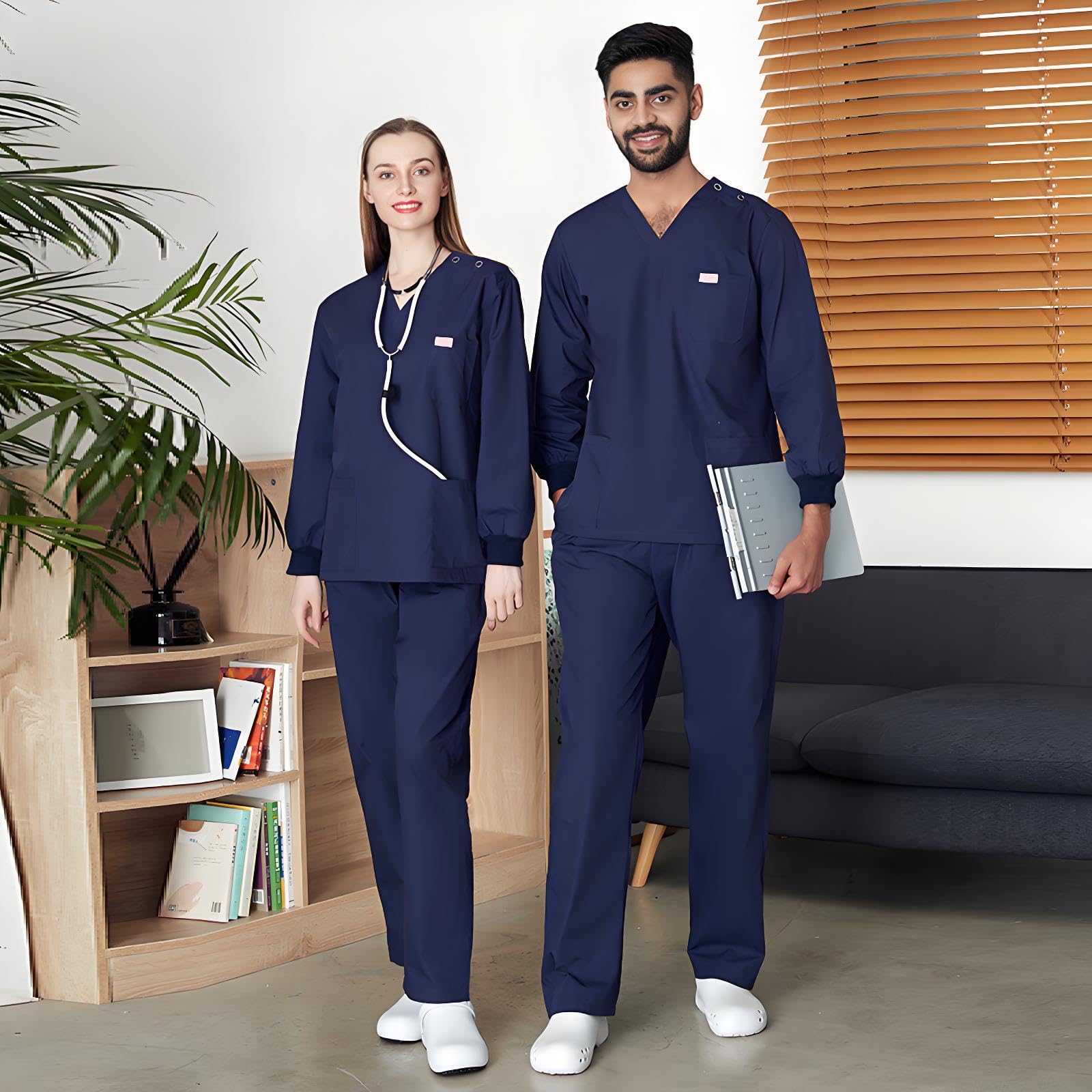 Conjunto de ropa quirúrgica médica para mujer, conjunto de ropa quirúrgica negra para mujer, conjunto de ropa quirúrgica para manos curativas para mujer (azul marino, manga larga, M, M)