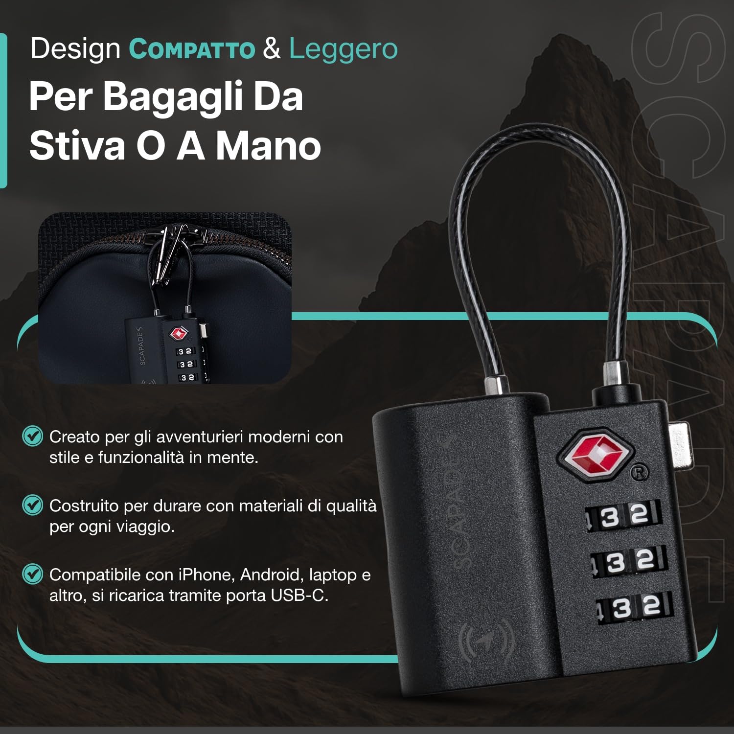 Scapade AirLock – Lucchetto intelligente per valigie approvato TSA con Apple Find My Tracking, batteria ricaricabile USB-C, lucchetto da viaggio ultra resistente per bagaglio a mano e bagaglio