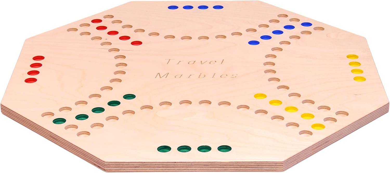 AmishToyBox.com Travel Marble Chase (Cards N' Marbles) Wooden Board Game Set - Double-Sided 23" Wide Board - Includes Carry Bag, Marbles and Playing Cards