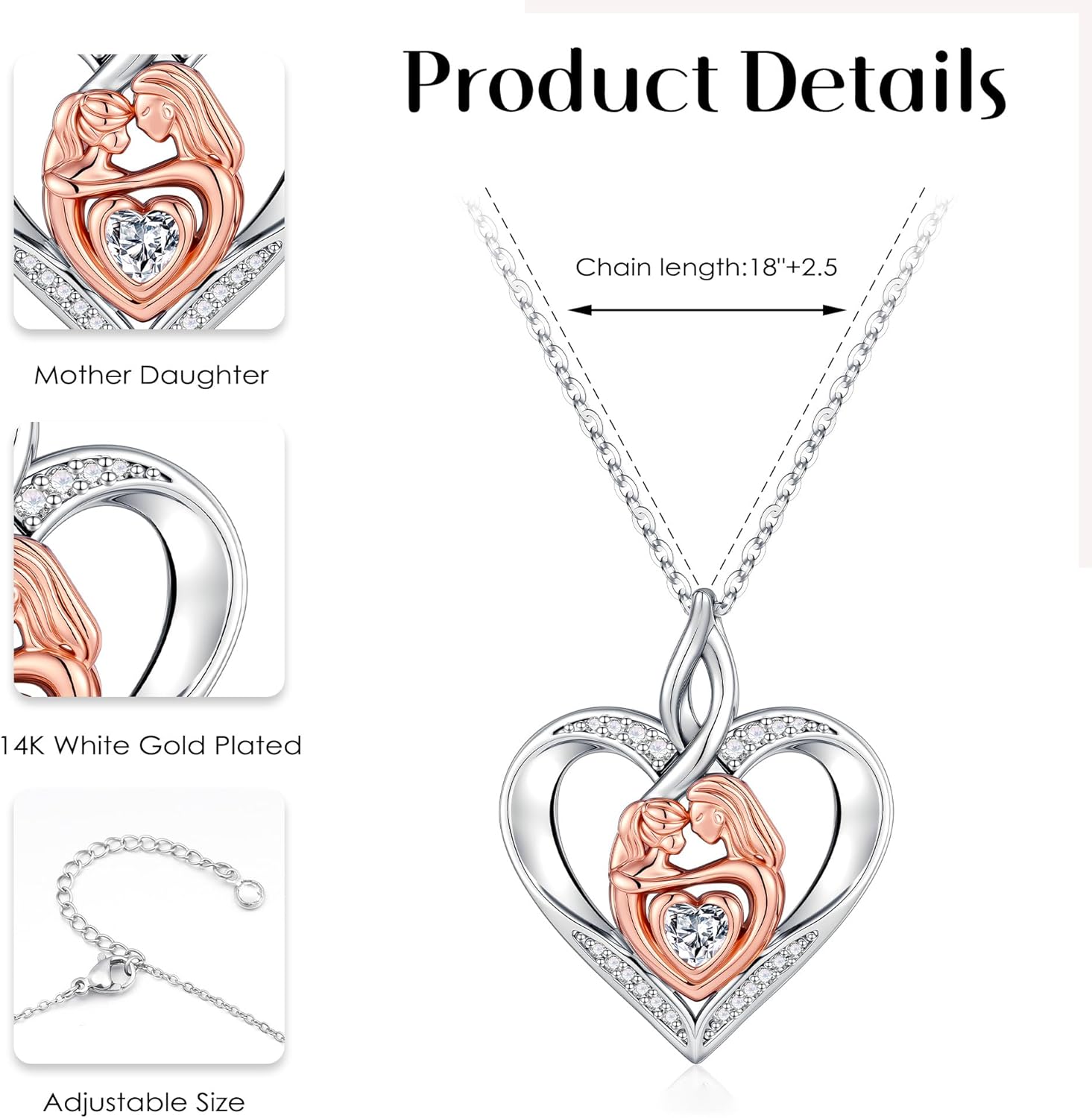 IEFLIFE Mothers Day Gifts for Mom Daughter - Happy Mothers Day Necklace Gifts for Women Her, Mom and Daughter Necklace Gift, 14K White Gold Plated Heart Necklaces Jewelry for Girls Women