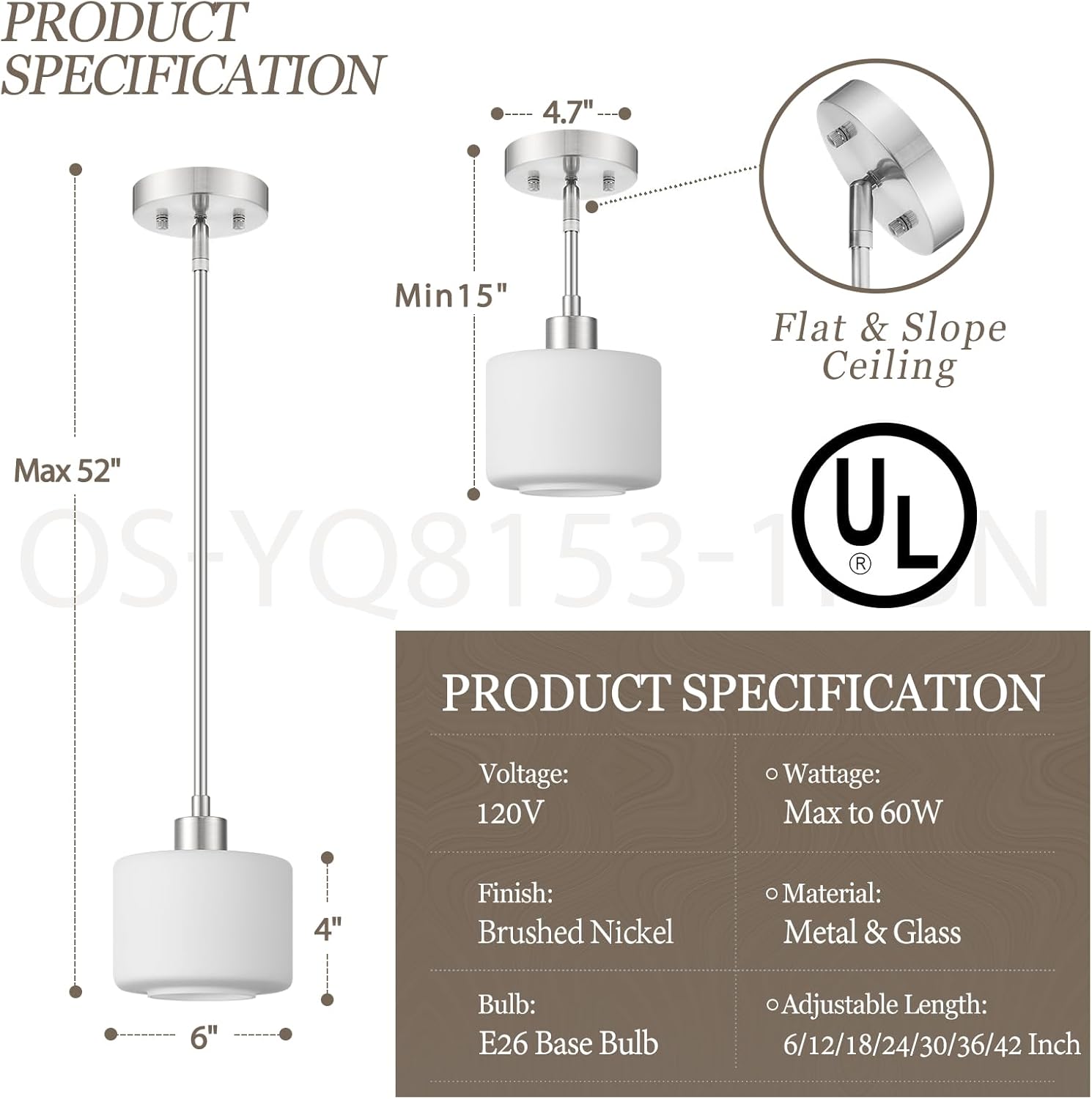 Milk Glass Pendant Lights Kitchen Island 2 Pack, Modern Brushed Nickel Hanging Light Fixtures with Rods, Mini Kitchen Pendant Lighting Over Island for Sink Bathroom, OS-YQ8153-2PBN
