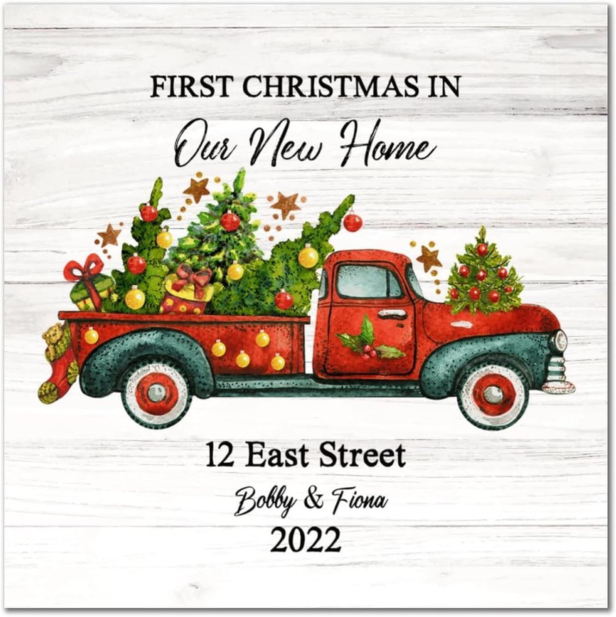 First Christmas in Our New Home Wood Sign Red Truck Tree Custom Address Name Hanging Sign Farmhouse Merry And Bright Wood Wall Hanging Decorative For Home Restroom Bathroom Toilet Kitchen 16x16in