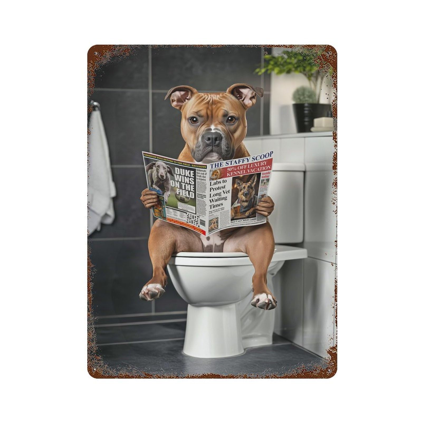 Staffordshire Terrier on The Toilet 15.7"x11.8" Decorative Tin Sign, Classic Wall Plaque for Cafe, Home Bar And Lounge Decor