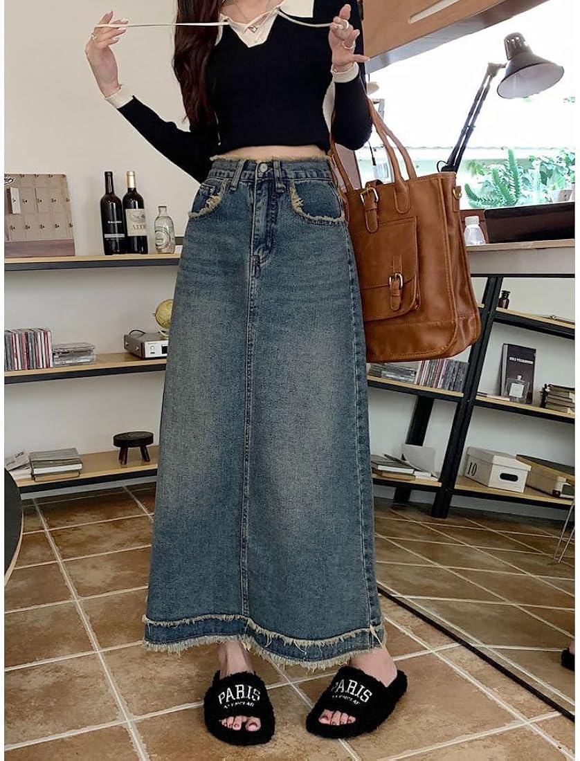 Buy Denim Skirt, A-line, All Seasons, Damaged Fringe, Long Skirt