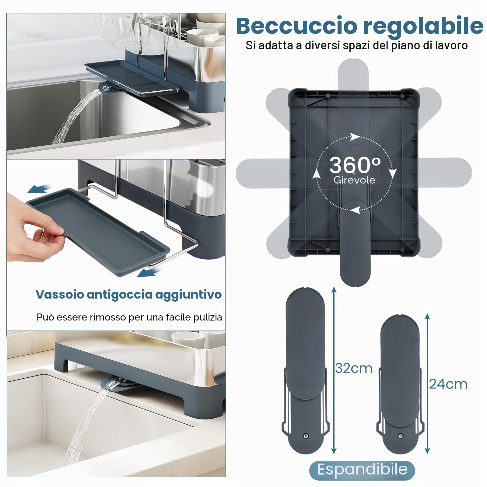 KOMFOTTEU Scolapiatti in acciaio inox, scaffale organizzatore da cucina a 2 livelli con vassoio di scarico porta posate e secchio per posate, deposito cucina, 57 x 32 x 39,5 cm