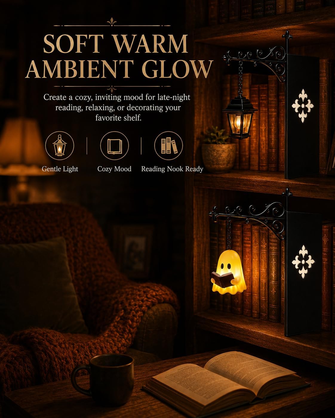 Vintage Bookshelf Lantern, Halloween Decor, Library Mini Book Shelf Lamp, Hanging Ghost Dragon Night Lantern, Reading Bookcase Light, Gothic Table Decorative Lighting, Between Books image 5