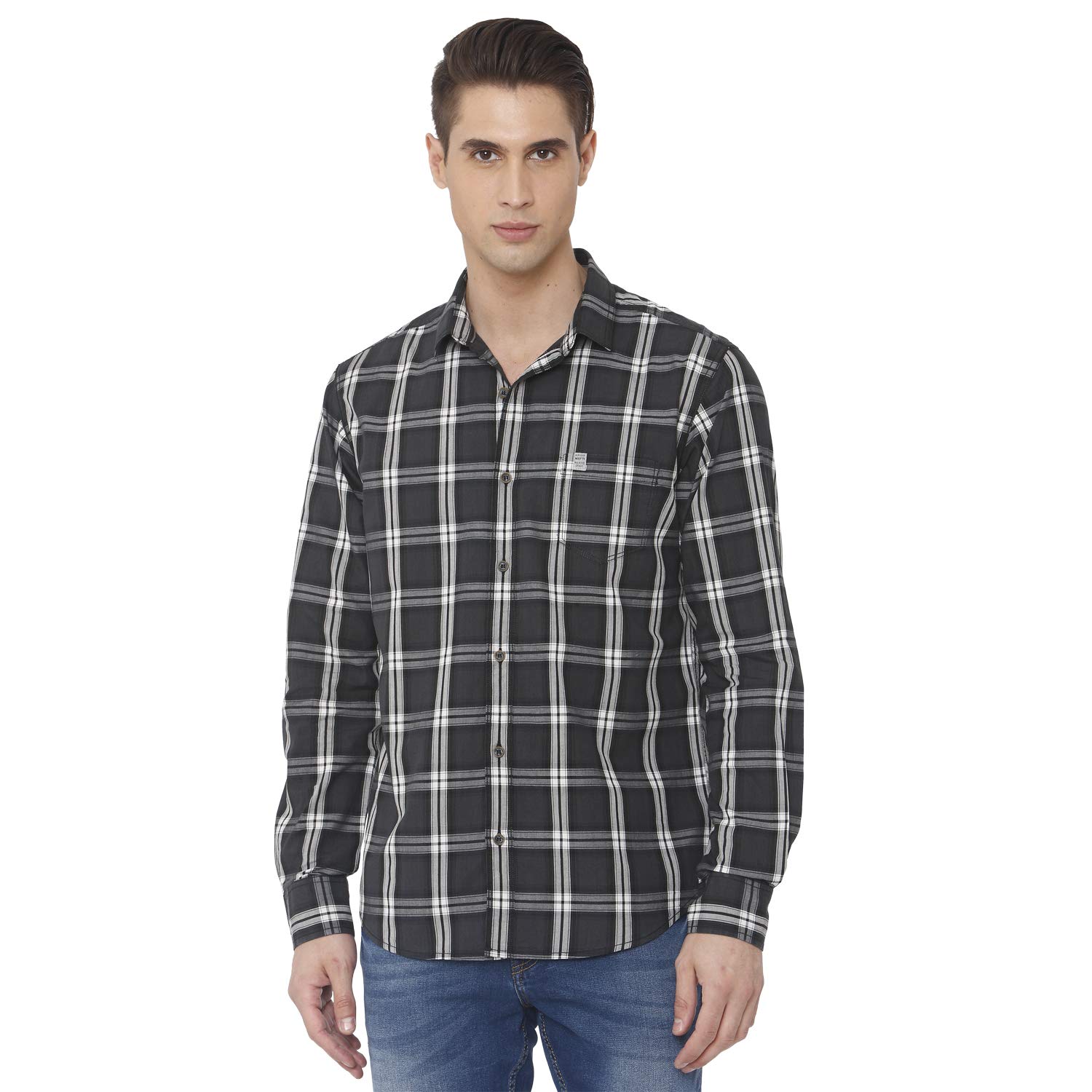 Mufti Men's Checkered Slim Fit Casual Shirt (FLS-0010_Grey 2XL)