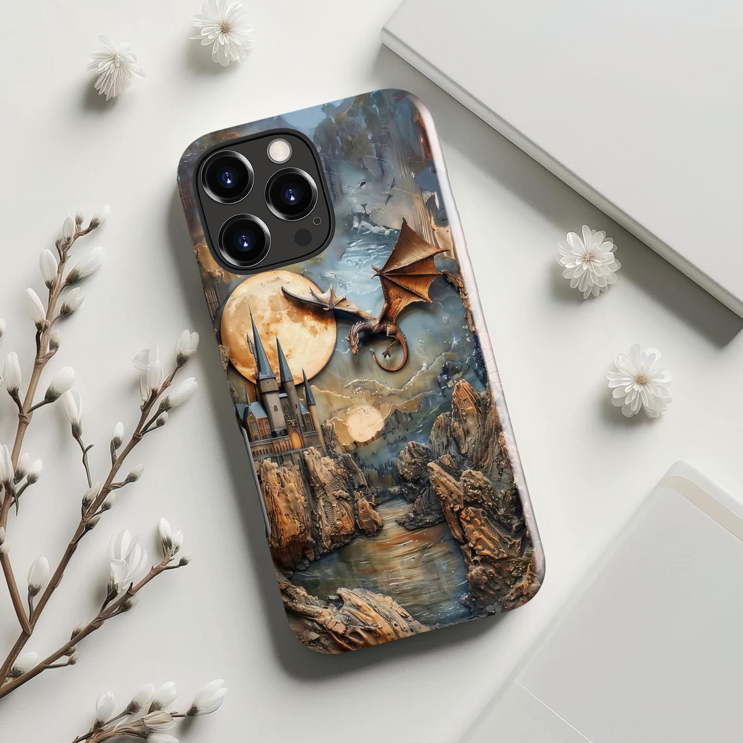 MERRO for iPhone 16 Pro Case - Wireless Charging Compatible - Dual-Layer Hard Shell & Silicone Cover - Protective Phone Case with Cute Wildflower Designs for Women - Dragonmoon Realm - Image 4