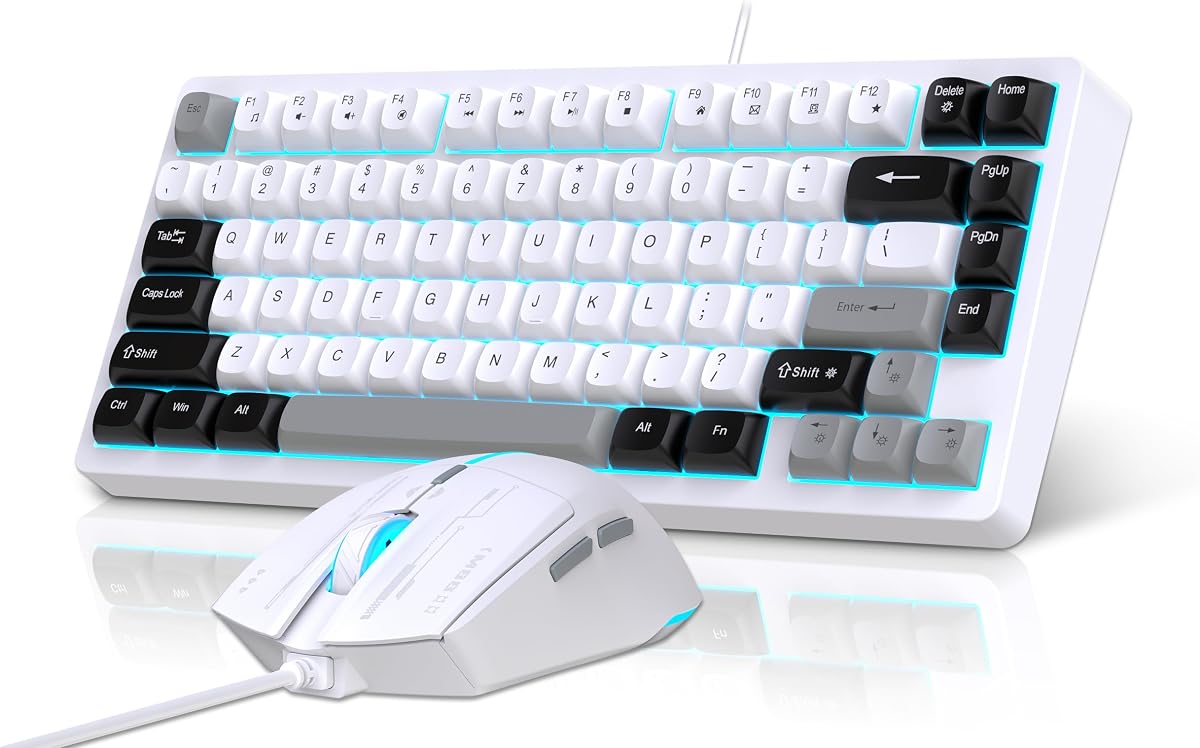 75% Wired Gaming Keyboard and Mouse Combo (Black Grey White) | 81-Key Compact Gaming Keyboard, Retro Round Keycaps Ice Blue Backlit Keyboard for Laptop, Easy to Carry on Business Trip