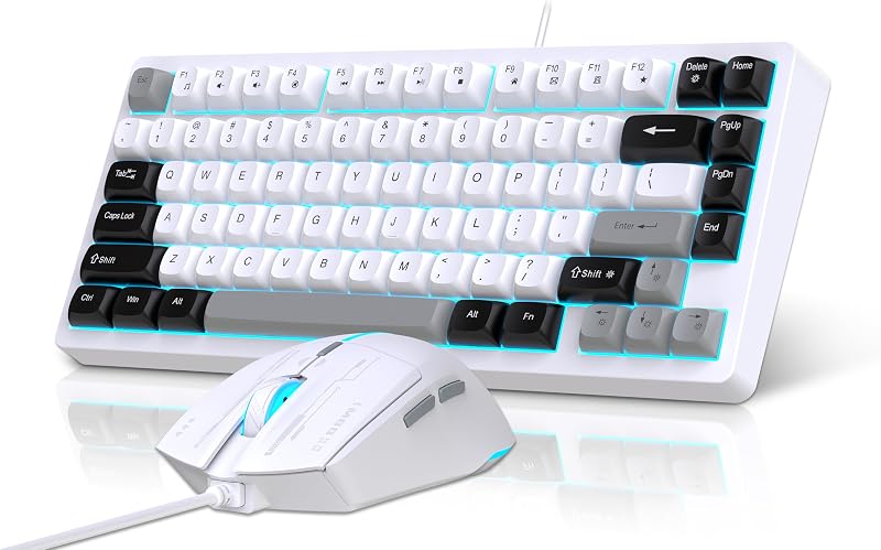 75% Wired Gaming Keyboard and Mouse Combo (Black Grey White) | 81-Key Compact Gaming Keyboard, Retro Round Keycaps Ice Blue Backlit Keyboard for Laptop, Easy to Carry on Business Trip
